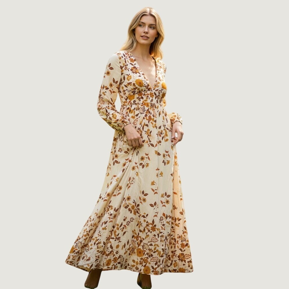 Pink Lily Floral V-Neck Maxi Dress XL Rust Gold Boho Long Sleeve MA454
